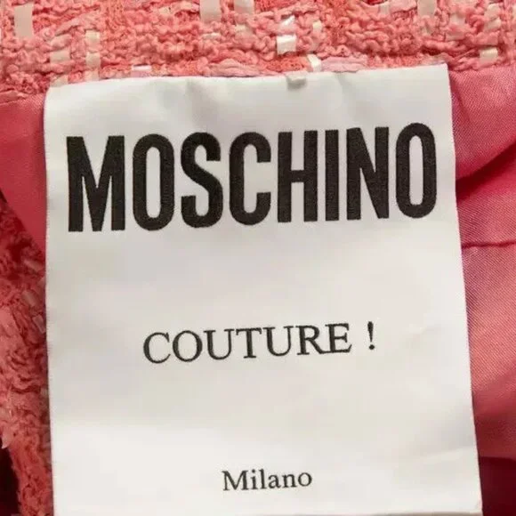 MOSCHINO COUTURE RAFFIA BOUCLE PINK TWEED JACKET SKIRT SET 2017 RUNWAY SZ 8